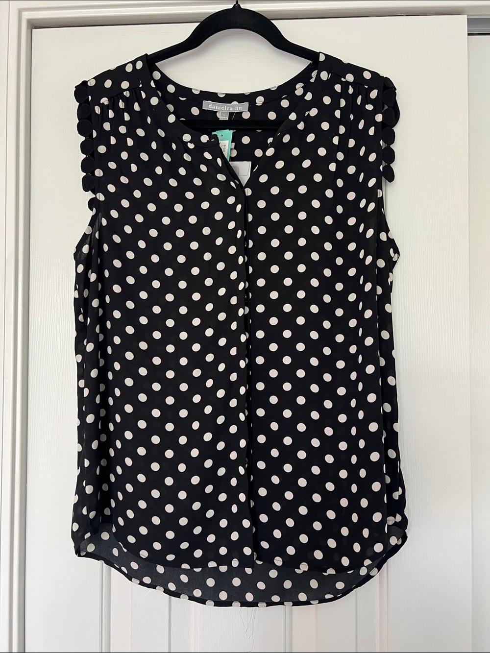 Daniel Rainn Black and Cream Polka Dot Sleeveless Crochet Trim Blouse NWT